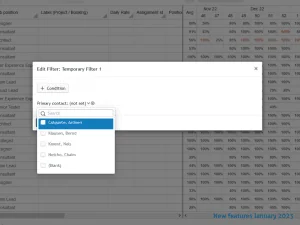 Assignment planning in decídalo with the filter dialog for selecting a primary contact from a list of names