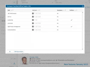 decídalo dialog “Coverage of searched skills”: required skills with level, mandatory flag and check marks for fulfilled requirements