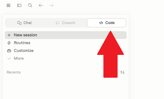 Claude desktop app: activating the Code tab